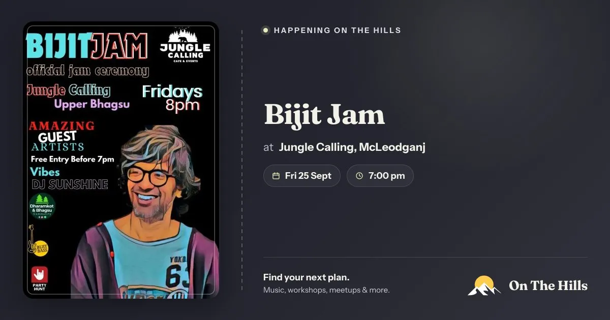 An example share card: the event's poster beside its name, venue, date and time, with the On The Hills mark